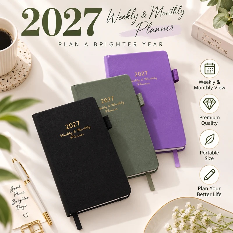 Leather Work Diary Covers - مخطط أسبوعي وشهري لعام 2027، منظم